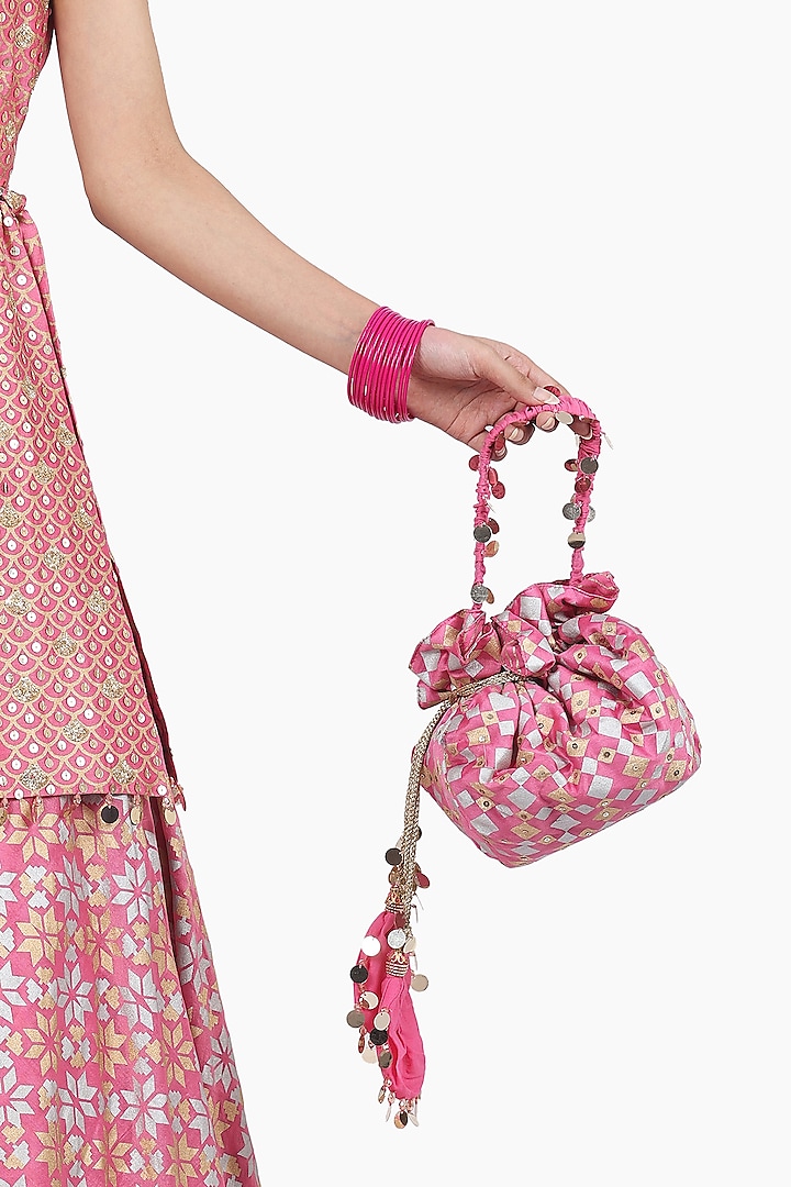 Pink Embroidered Potli Bag by Seema Nanda