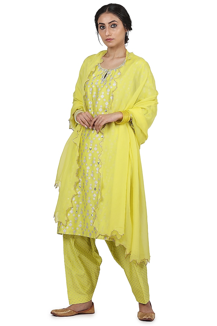 Electric Yellow Hand Embroidered Kurta Set by Seema Nanda