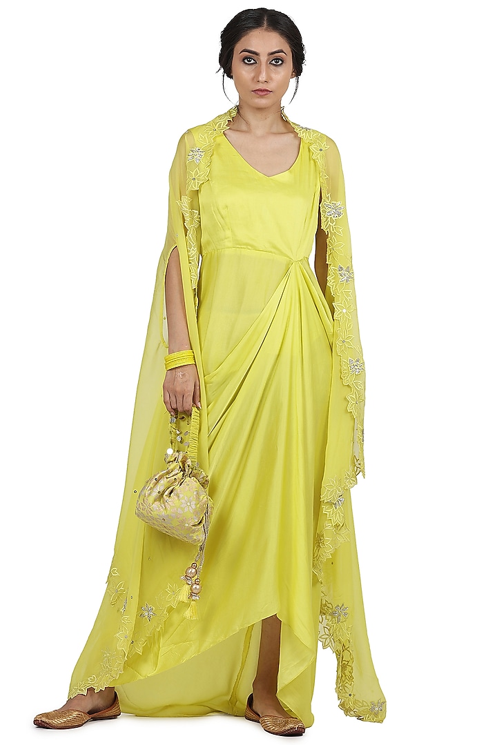 Electric Yellow Satin Dress With Cape by Seema Nanda