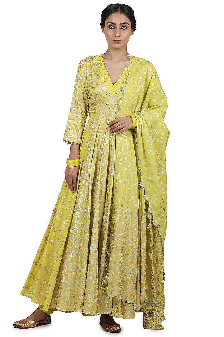 Electric Yellow Embroidered Kalidar Anarkali Set by Seema Nanda