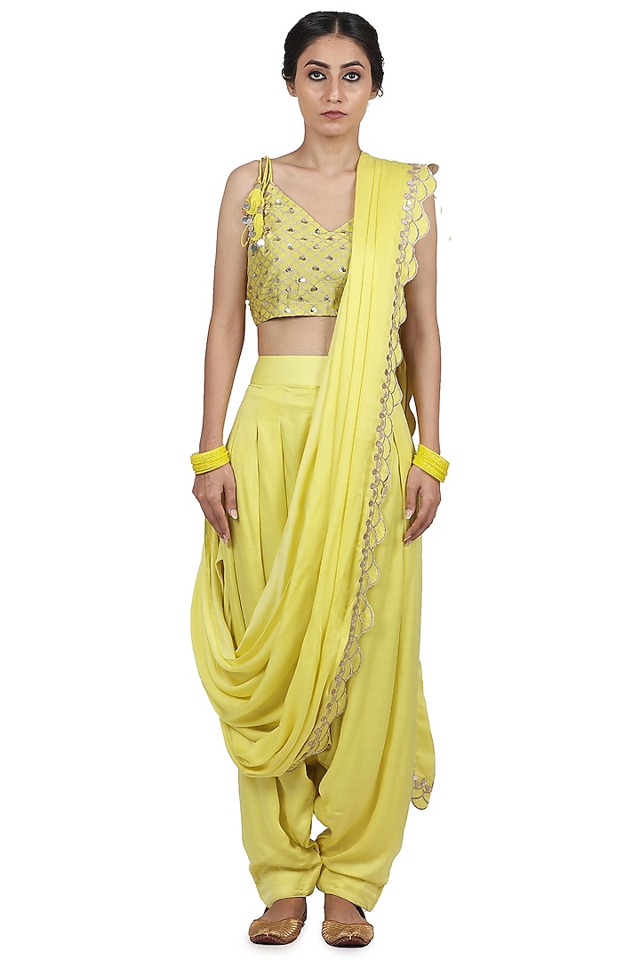 Electric Yellow Embroidered Pant Saree Set by Seema Nanda
