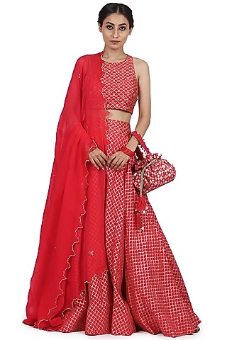 Strawberry Chanderi Silk Printed Lehenga Set by Seema Nanda