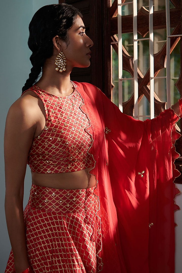 Strawberry Chanderi Silk Printed Lehenga Set by Seema Nanda at Pernia's Pop Up Shop