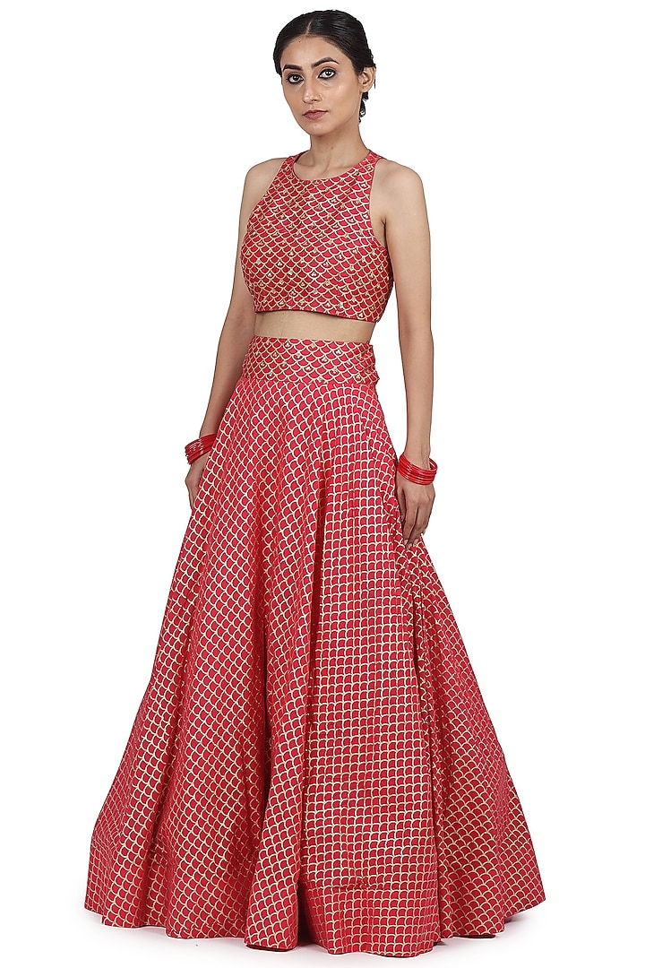 Strawberry Chanderi Silk Printed Lehenga Set by Seema Nanda at Pernia's Pop Up Shop