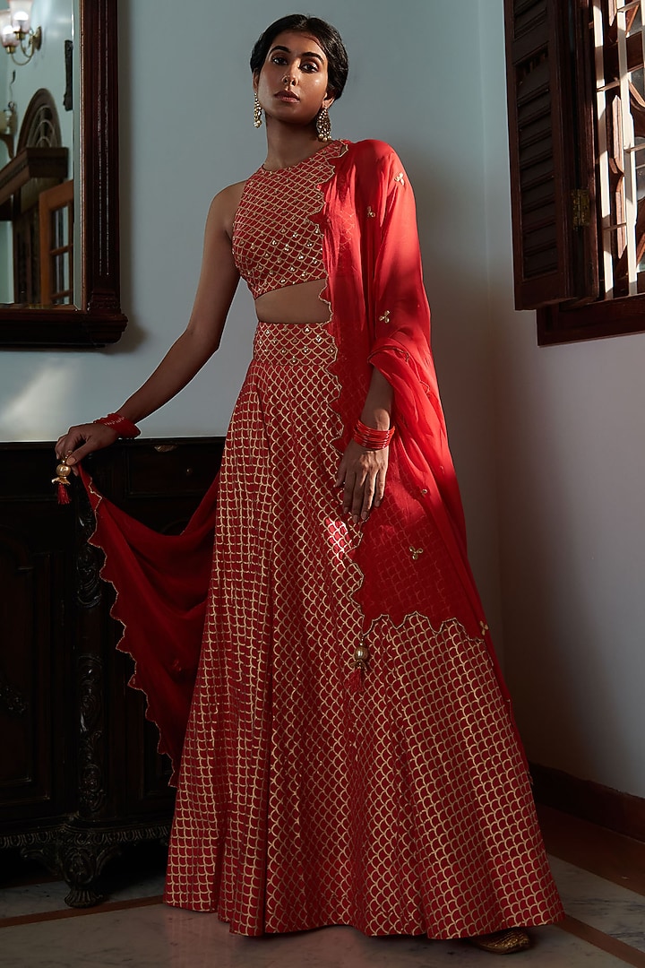 Strawberry Chanderi Silk Printed Lehenga Set by Seema Nanda at Pernia's Pop Up Shop
