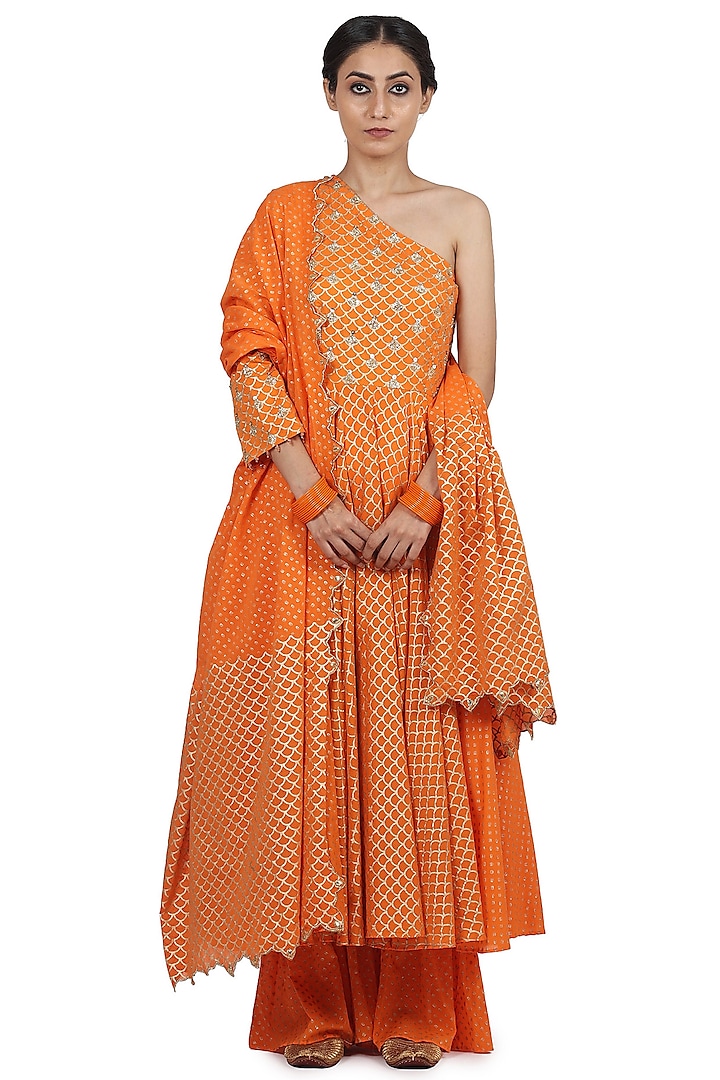 Orange Hand Embroidered One-Shoulder Anarkali Set by Seema Nanda