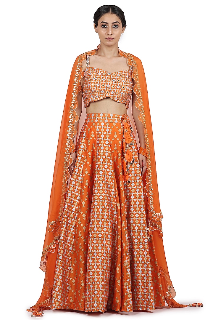 Orange Hand Embroidered Wedding Lehenga Set by Seema Nanda at Pernia's Pop Up Shop