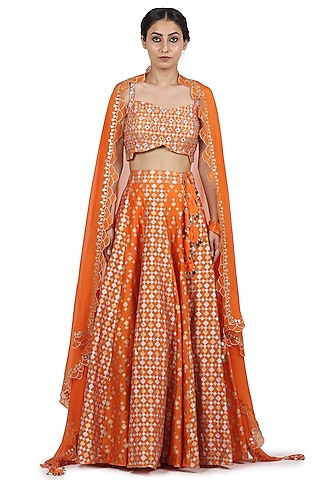 Orange Hand Embroidered Lehenga Set by Seema Nanda