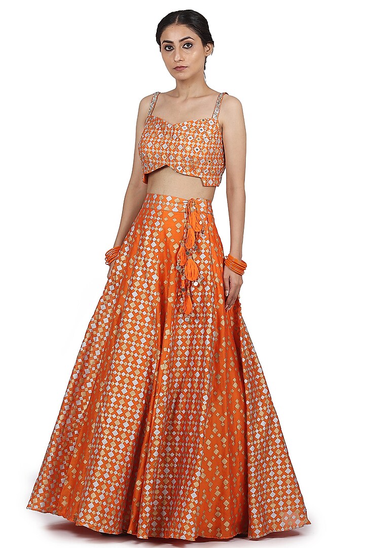 Orange Hand Embroidered Wedding Lehenga Set by Seema Nanda at Pernia's Pop Up Shop