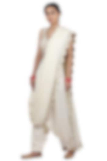 Ivory Cotton Mul Pant Saree Set by Seema Nanda