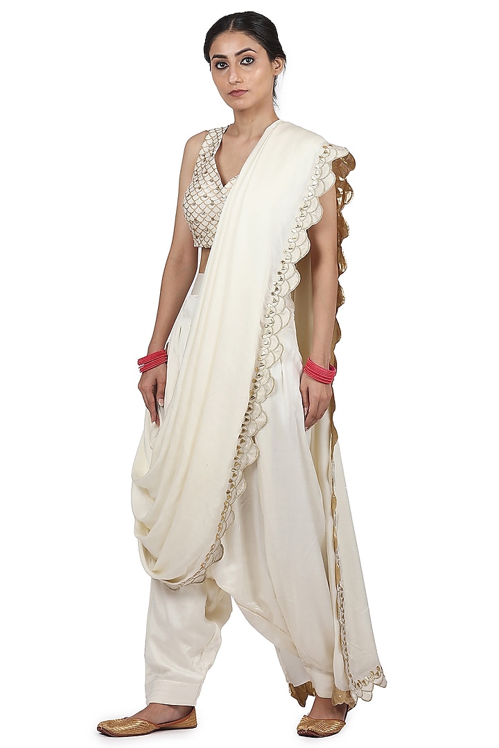 Ivory Cotton Mul Pant Saree Set by Seema Nanda