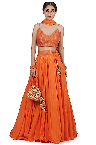 Orange Cotton Mul Lehenga Set by Seema Nanda