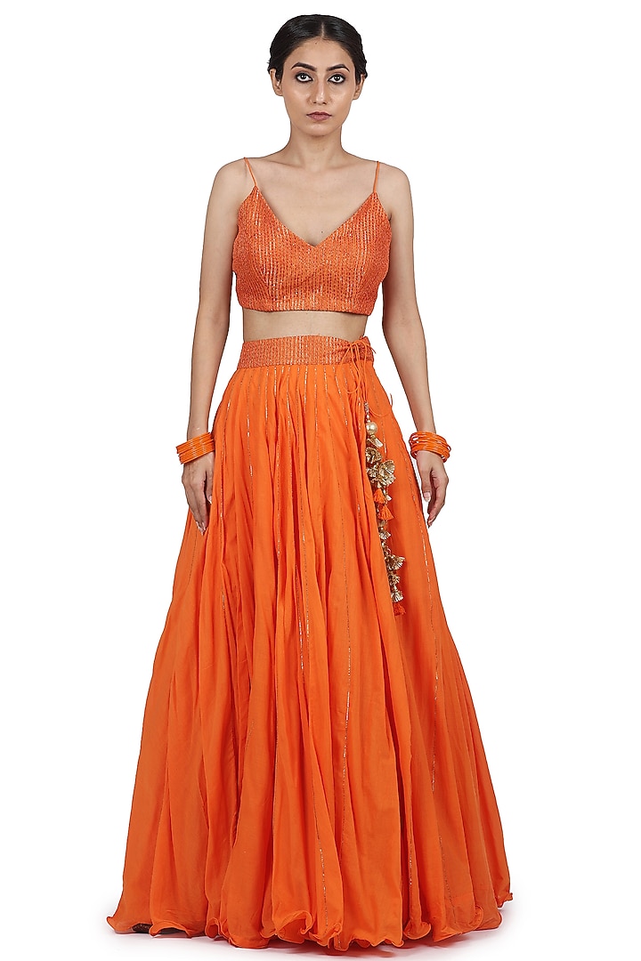 Orange Cotton Mul Lehenga Set by Seema Nanda at Pernia's Pop Up Shop