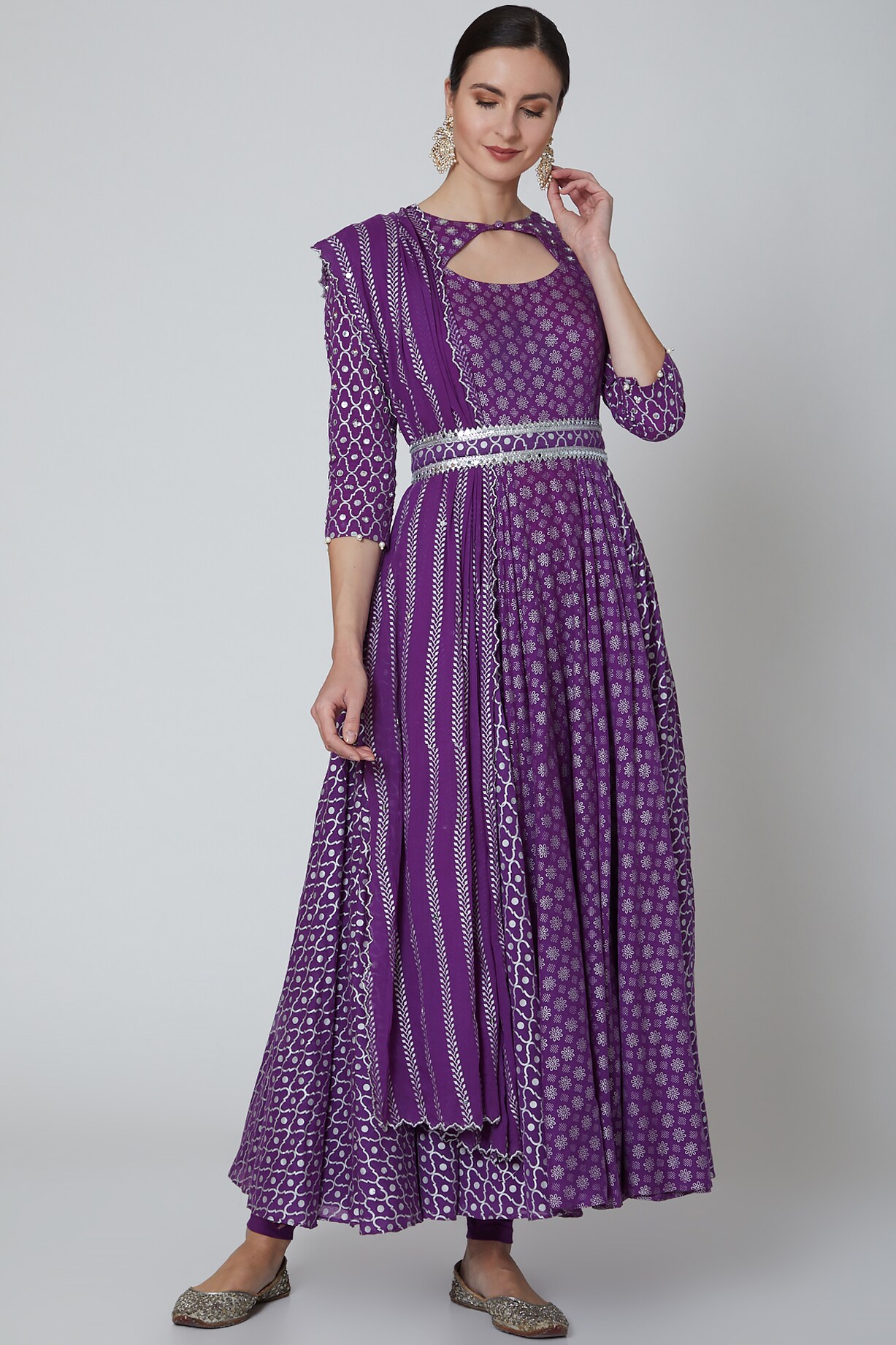 Meher Hand-Embroidered Velvet Purple Kalidar Anarkali Set