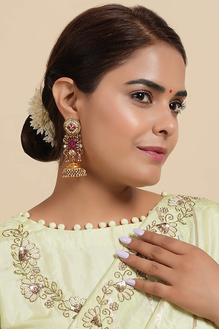 Gold Finish Pink Semi-Precious Stone Jhumka Earrings by SMARS JEWELRY