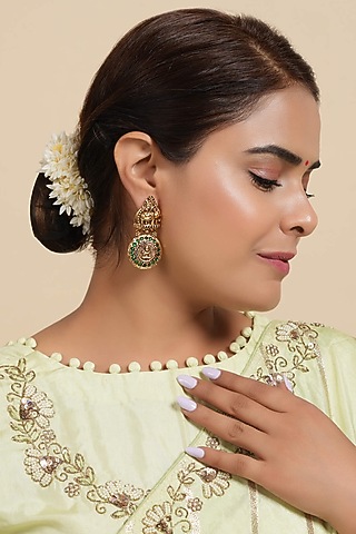 Antique Gold Finish Green Stone Lakshmi Temple Dangler Earrings by SMARS JEWELRY