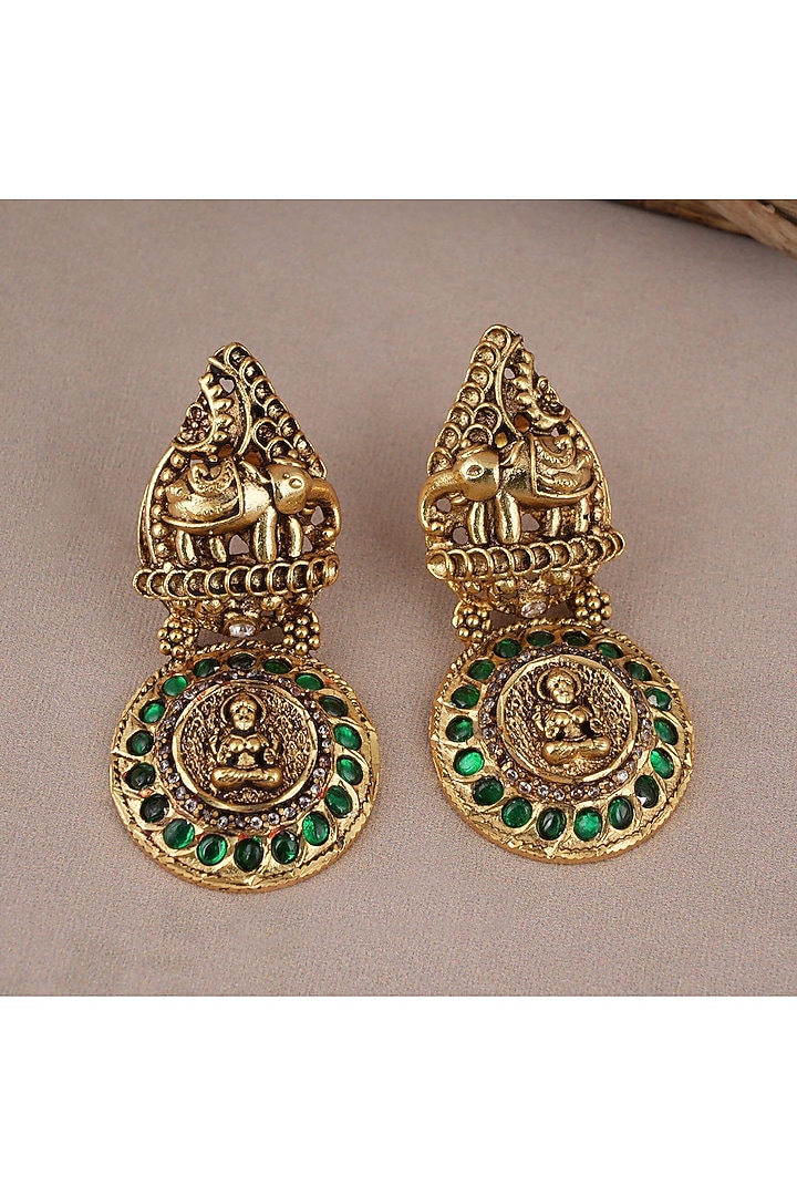 Antique Gold Finish Green Stone Lakshmi Temple Dangler Earrings by SMARS JEWELRY at Pernia's Pop Up Shop