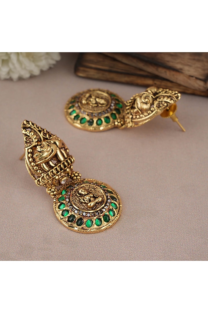 Antique Gold Finish Green Stone Lakshmi Temple Dangler Earrings by SMARS JEWELRY at Pernia's Pop Up Shop