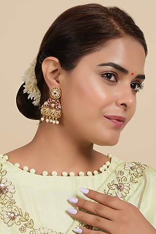 Gold Finish Kundan Polki & Pnk Synthetic Stone Dangler Earrings by SMARS JEWELRY