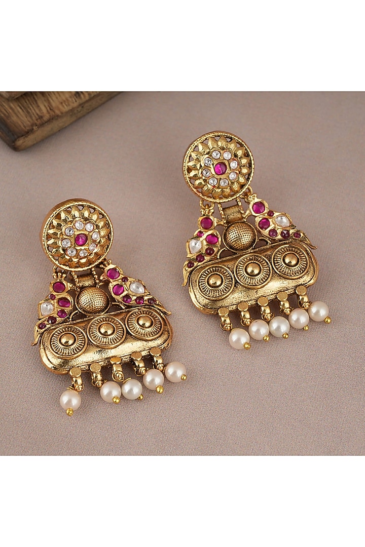 Gold Finish Kundan Polki & Pnk Synthetic Stone Dangler Earrings by SMARS JEWELRY at Pernia's Pop Up Shop
