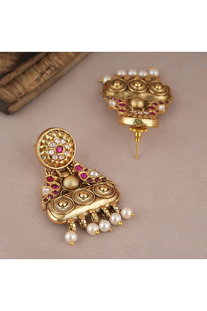 Gold Finish Kundan Polki & Pnk Synthetic Stone Dangler Earrings by SMARS JEWELRY at Pernia's Pop Up Shop