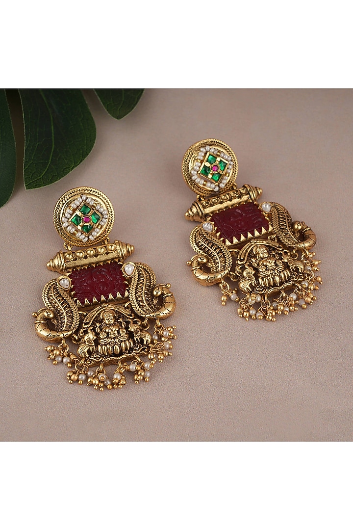 Antique Gold Finish Red Stone Temple Lakshmi Dangler Earrings by SMARS JEWELRY at Pernia's Pop Up Shop