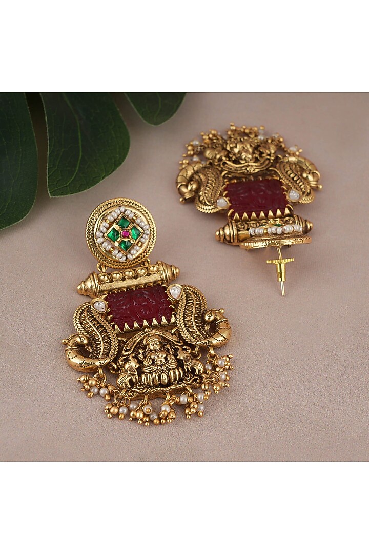 Antique Gold Finish Red Stone Temple Lakshmi Dangler Earrings by SMARS JEWELRY at Pernia's Pop Up Shop