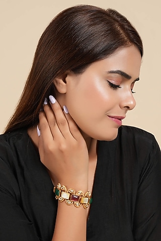 Gold Finish Kundan Polki & Multi-Colored Stone Bracelet by SMARS JEWELRY