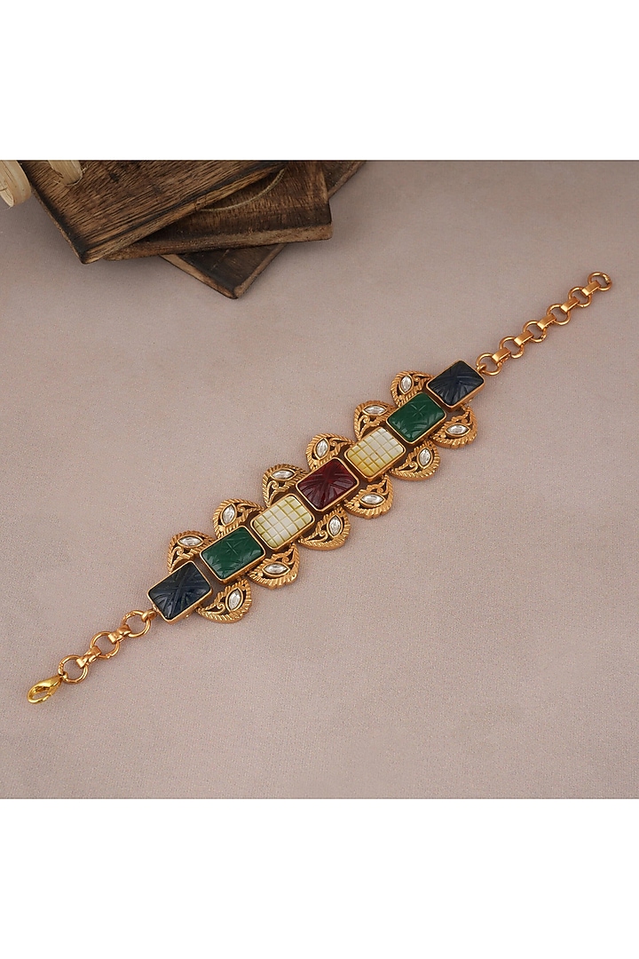 Gold Finish Kundan Polki & Multi-Colored Stone Bracelet by SMARS JEWELRY at Pernia's Pop Up Shop