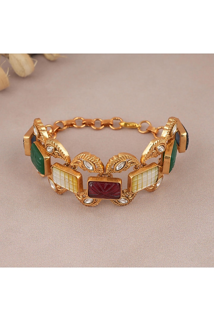 Gold Finish Kundan Polki & Multi-Colored Stone Bracelet by SMARS JEWELRY at Pernia's Pop Up Shop