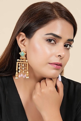 Matt Gold Finish Kundan Polki & Pink Stone Dangler Earrings by SMARS JEWELRY