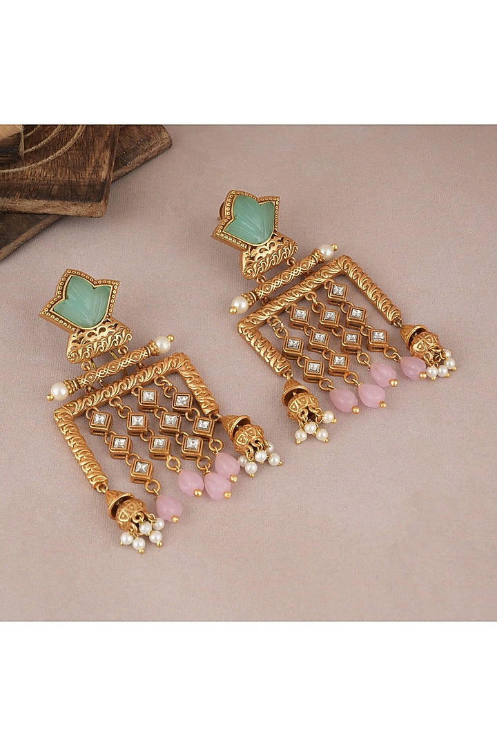 Matt Gold Finish Kundan Polki & Pink Stone Dangler Earrings by SMARS JEWELRY at Pernia's Pop Up Shop