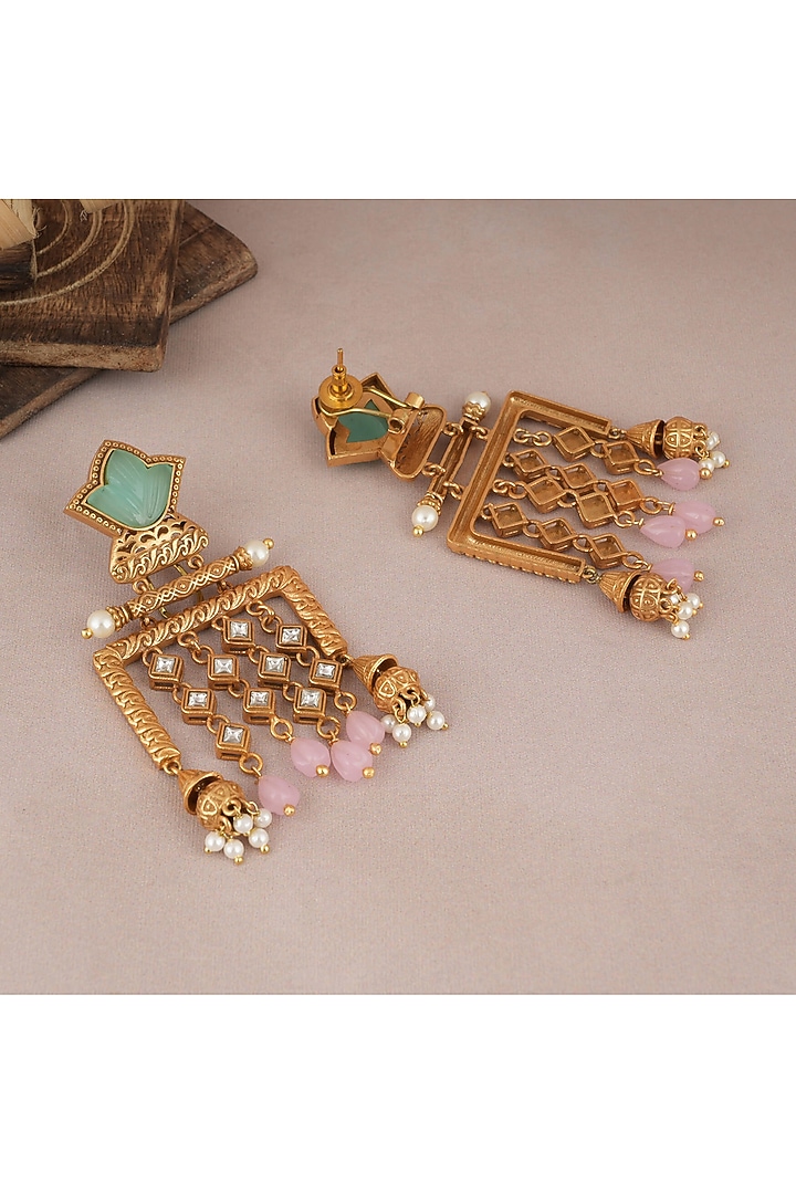 Matt Gold Finish Kundan Polki & Pink Stone Dangler Earrings by SMARS JEWELRY at Pernia's Pop Up Shop