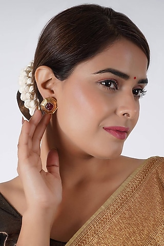 Gold Finish Ruby Stone Stud Earrings by SMARS JEWELRY
