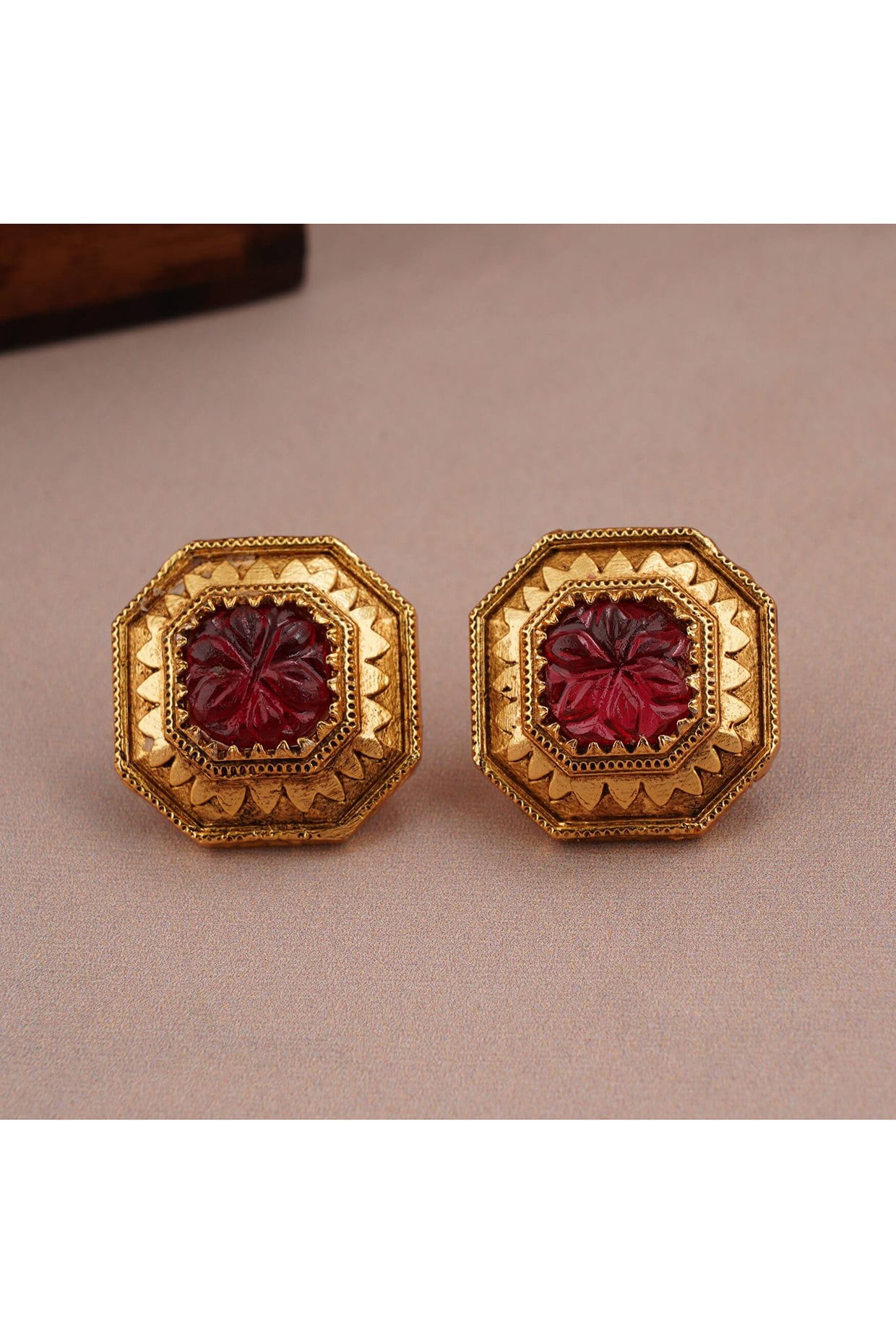 CZ,Ruby Stones,Triangle Flower Design Screw Stud Earrings Gold Finished  Premium Quality Set Buy Online