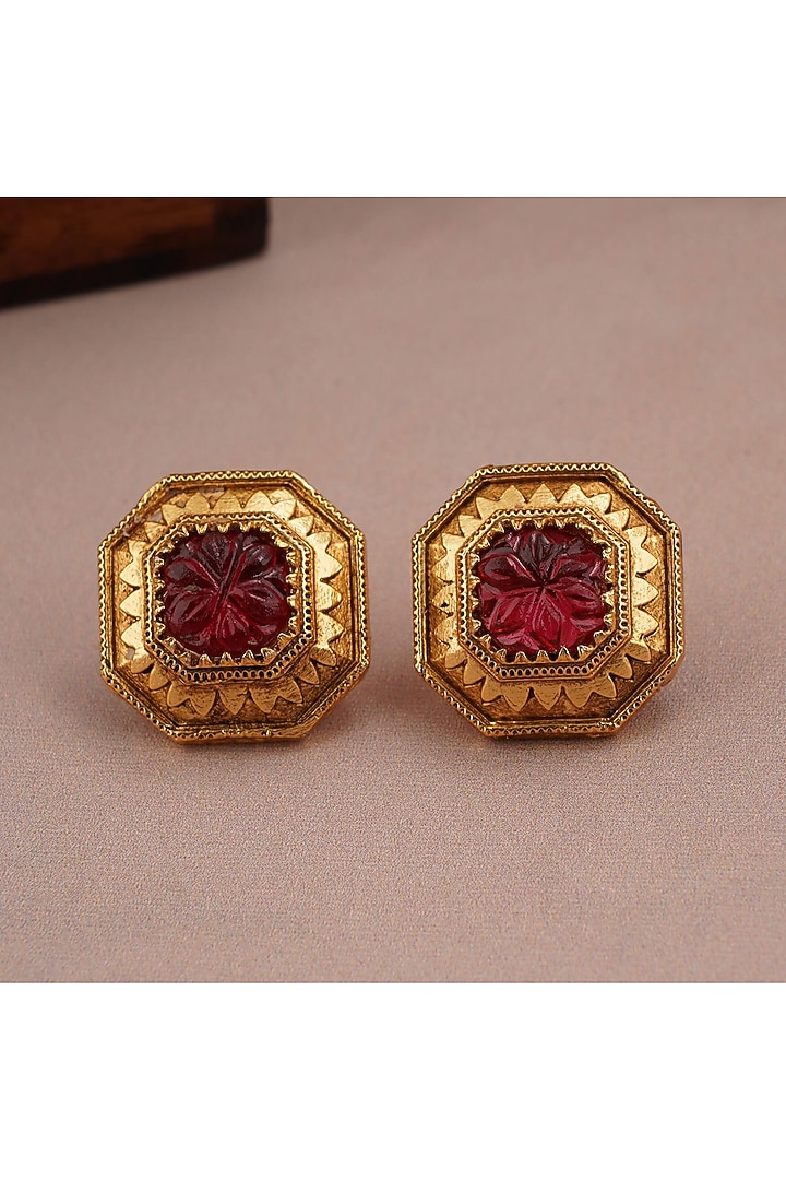 Gold Finish Ruby Stone Stud Earrings by SMARS JEWELRY at Pernia's Pop Up Shop