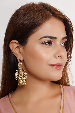 Gold Finish Kundan Polki Peacock Dangler Earrings by SMARS JEWELRY