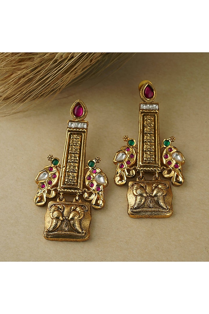 Gold Finish Kundan Polki Peacock Dangler Earrings by SMARS JEWELRY at Pernia's Pop Up Shop