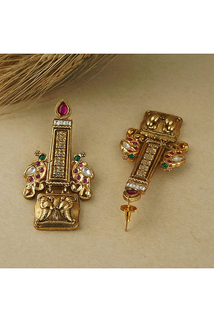 Gold Finish Kundan Polki Peacock Dangler Earrings by SMARS JEWELRY at Pernia's Pop Up Shop