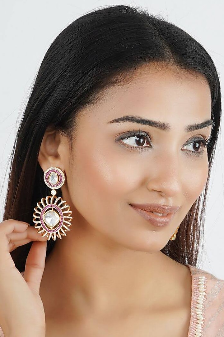 Gold Finish Kundan Polki & Pink Synthetic Stone Spiral Dangler Earrings by SMARS JEWELRY at Pernia's Pop Up Shop