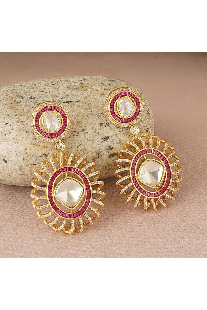 Gold Finish Kundan Polki & Pink Synthetic Stone Spiral Dangler Earrings by SMARS JEWELRY at Pernia's Pop Up Shop