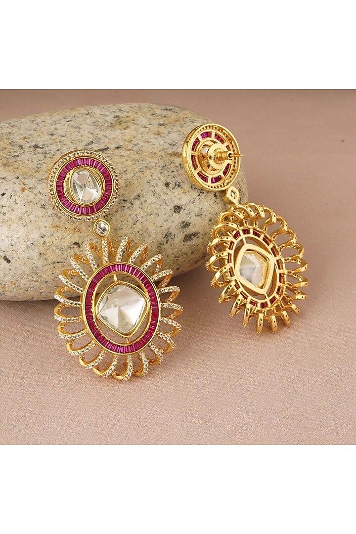 Gold Finish Kundan Polki & Pink Synthetic Stone Spiral Dangler Earrings by SMARS JEWELRY at Pernia's Pop Up Shop