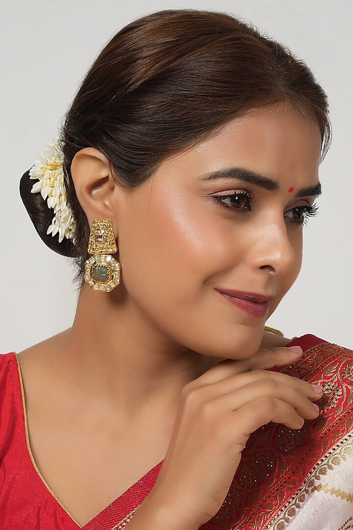 Gold Finish Kundan Polki & Grey Synthetic Stone Dangler Earrings by SMARS JEWELRY