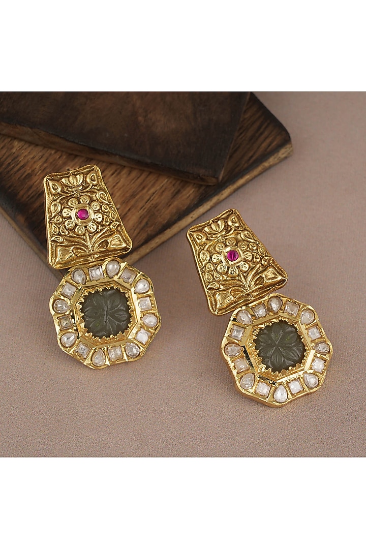 Gold Finish Kundan Polki & Grey Synthetic Stone Dangler Earrings by SMARS JEWELRY at Pernia's Pop Up Shop