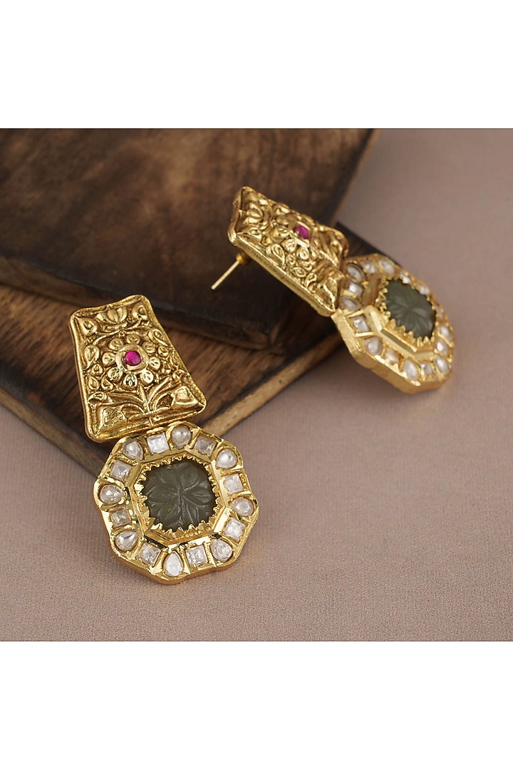 Gold Finish Kundan Polki & Grey Synthetic Stone Dangler Earrings by SMARS JEWELRY at Pernia's Pop Up Shop