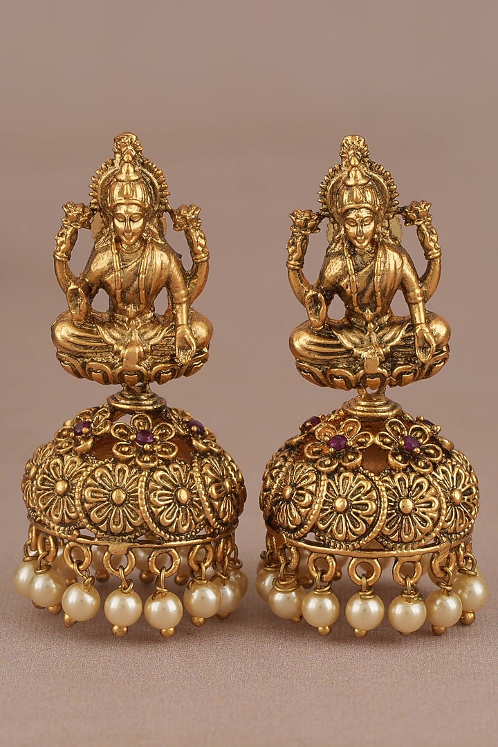 Gold Finish Pearl Maa Lakshmi Temple Jhumka Earrings by SMARS JEWELRY at Pernia's Pop Up Shop