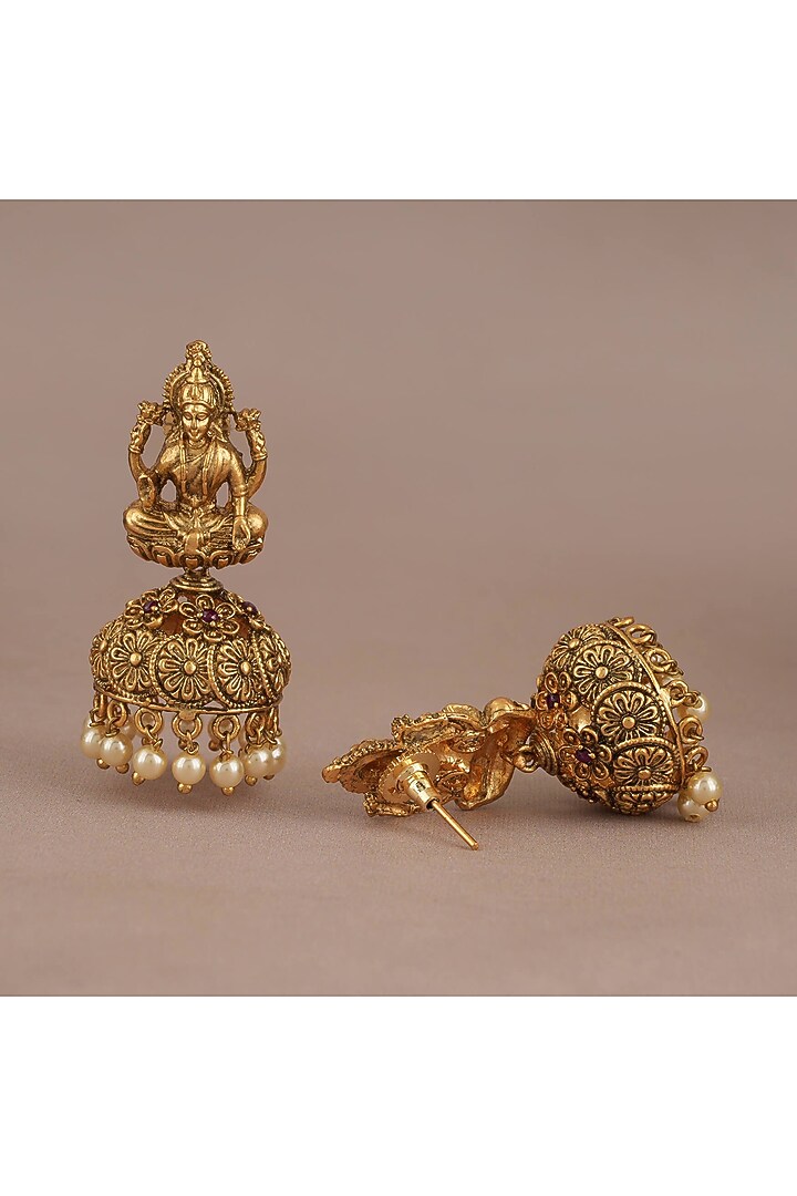 Gold Finish Pearl Maa Lakshmi Temple Jhumka Earrings by SMARS JEWELRY at Pernia's Pop Up Shop