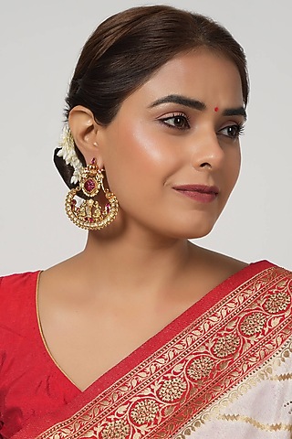 Gold Finish Kundan Polki & Red Synthetic Stone Chandbali Earrings by SMARS JEWELRY