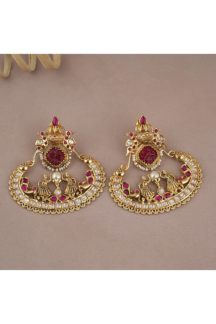 Gold Finish Kundan Polki & Red Synthetic Stone Chandbali Earrings by SMARS JEWELRY at Pernia's Pop Up Shop