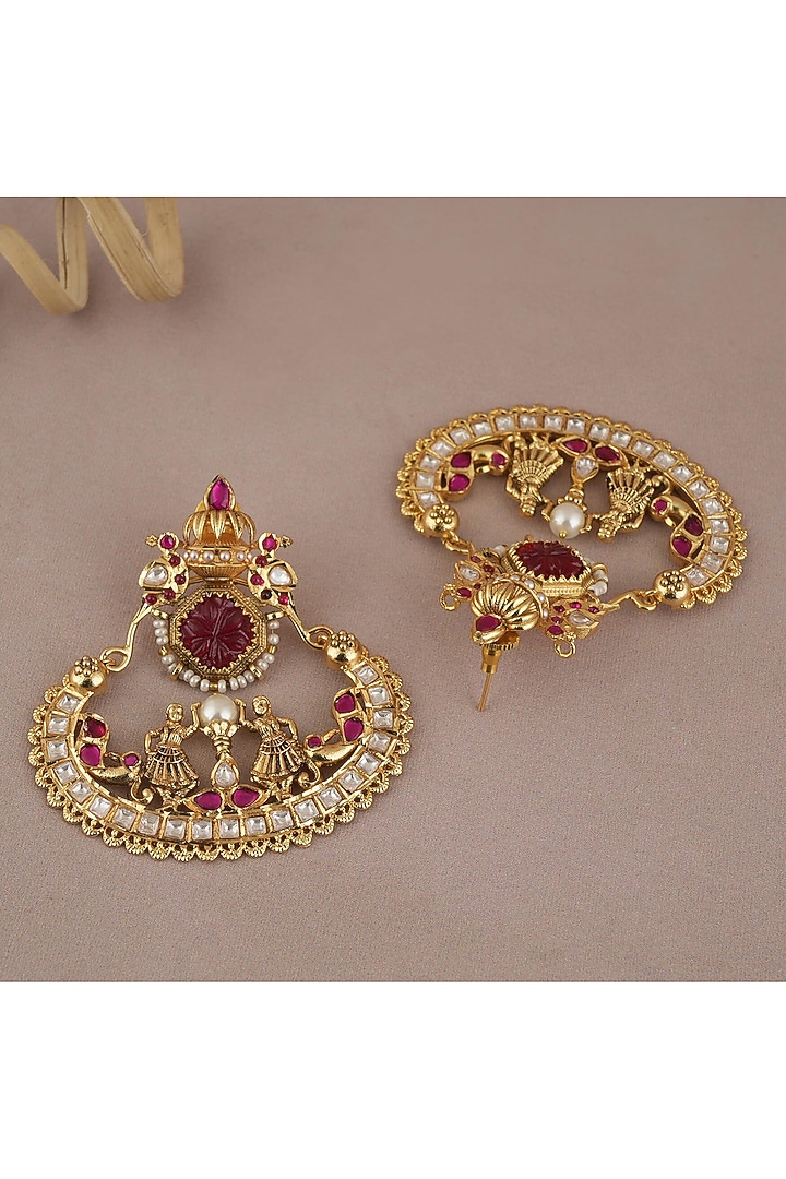 Gold Finish Kundan Polki & Red Synthetic Stone Chandbali Earrings by SMARS JEWELRY at Pernia's Pop Up Shop